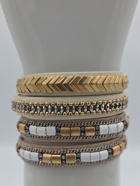 Stella & Dot Gold, Silver, White, Taupe Multi-Row Wrap Bracelet Set